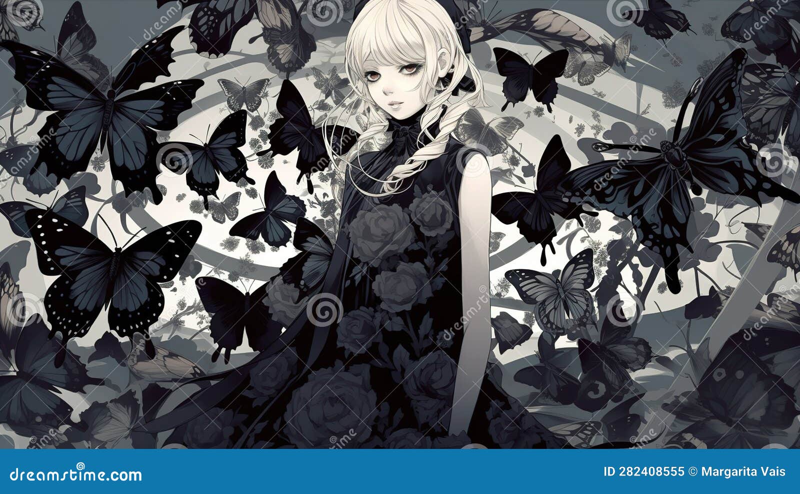 Premium AI Image | Girl with white wingsred eyes and black dress anime style