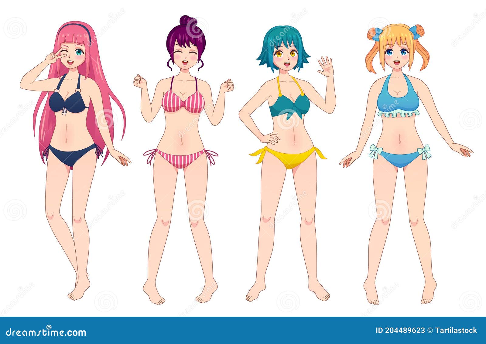 Manga Chicas En Bikini. Grupo De Kawaii Mujeres Personajes Cómicos En Trajes De Baño. Playa Mujer Ondeando Ilustración del Vector - Ilustración de aislado, japonés: 204489623