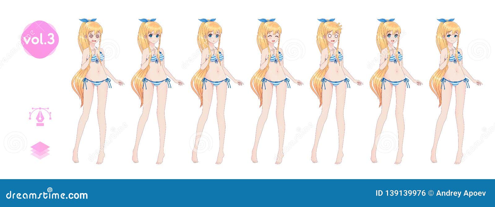 Anime manga girl Cartoon character in Japanese style In a summer bikini  swimsuit Set of emotions Sprite full length character for game visual  nove Stock Vector Image  Art  Alamy