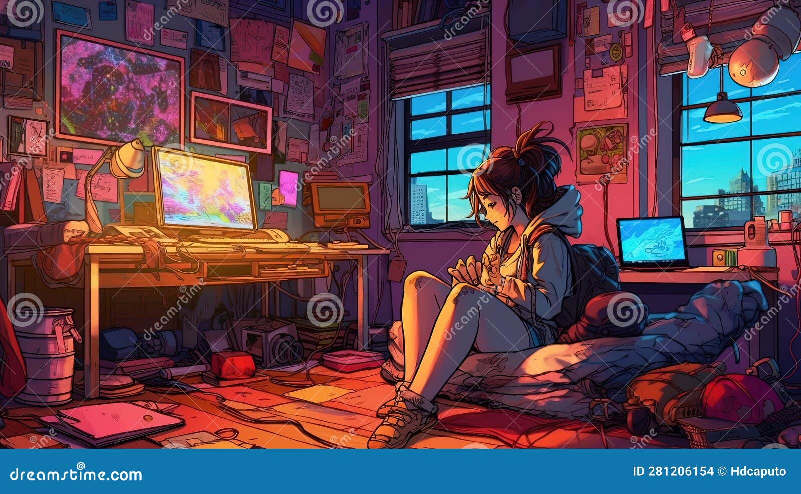 Anime-manga Illustration of a Young Girl in Her Bedroom Reading and ...