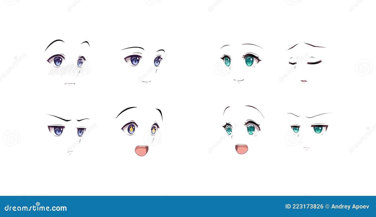Anime Manga Niño Y Chicas Expresión Ojos Puesta. Estilo De Caricatura  Japonés Ilustración del Vector - Ilustración de japonés, boca: 223173826