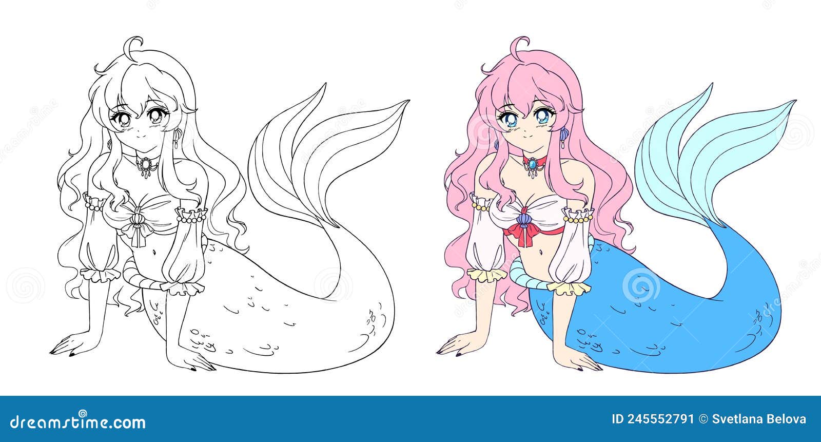 Anime bonita sereia com cabelo rosa encaracolado e rabo de peixe pose  sentada isolada em branco ilustração vetorial para colorir livro infantil  jogo cartão adesivo camisa