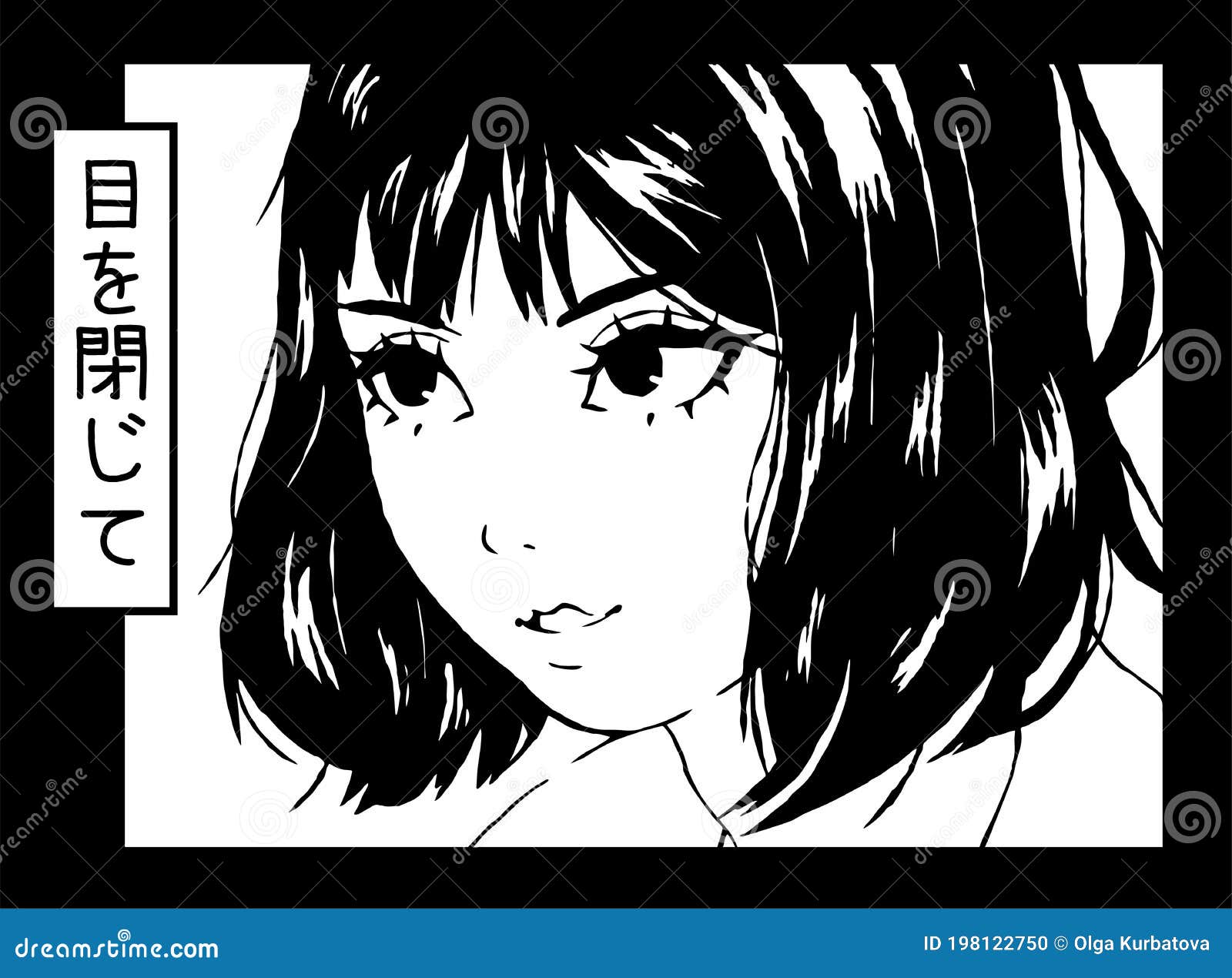anime poster. manga girl closeup face, black and white japanese or korean retro character style. asian teen t-shirt