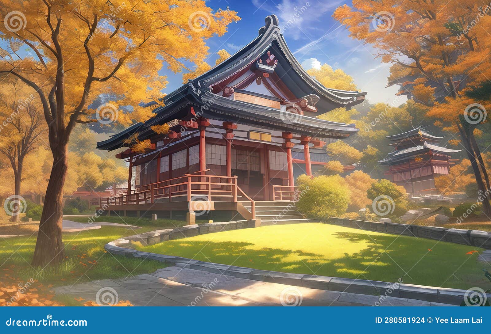 anime style autumn japanese temple chinese temple ancient landscape fall  maple culture Stock Illustration | Adobe Stock