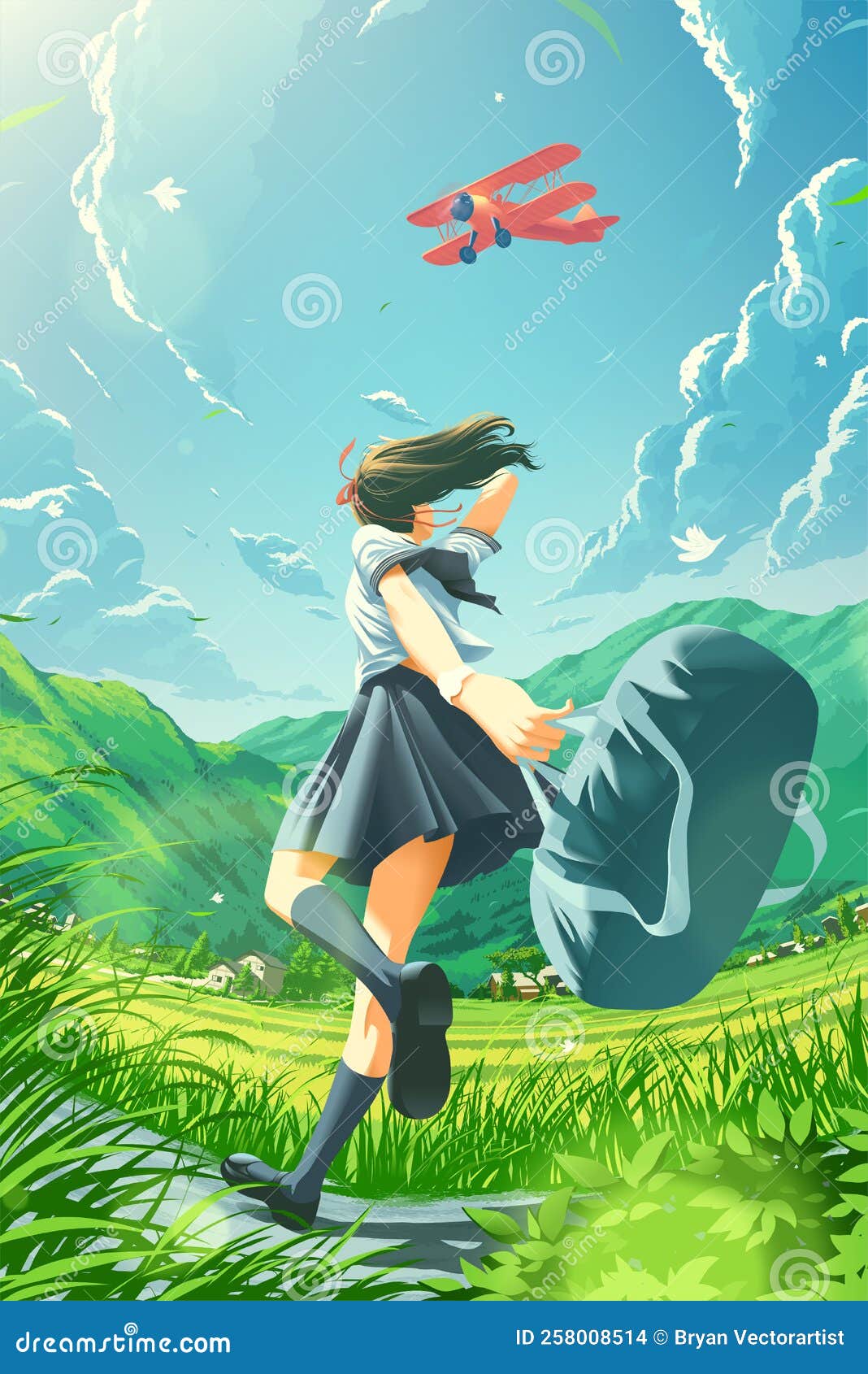 The Anime Style of a Japanese School Girl is Running Happily To Home in the  Countryside with a Zeppelin Flying in the Sky Stock Illustration -  Illustration of farmland, biplane: 258008514