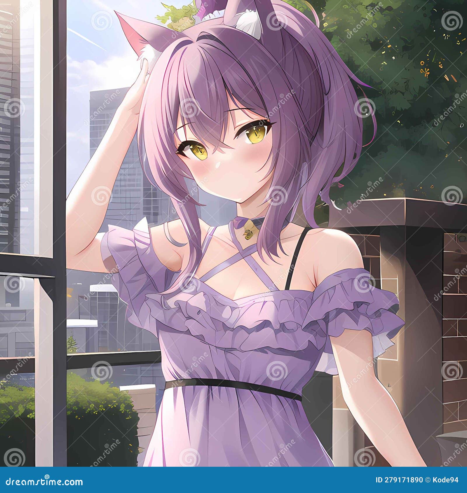 Animegirl Purple Hair Yellow Eyes Stock Illustration - Illustration of