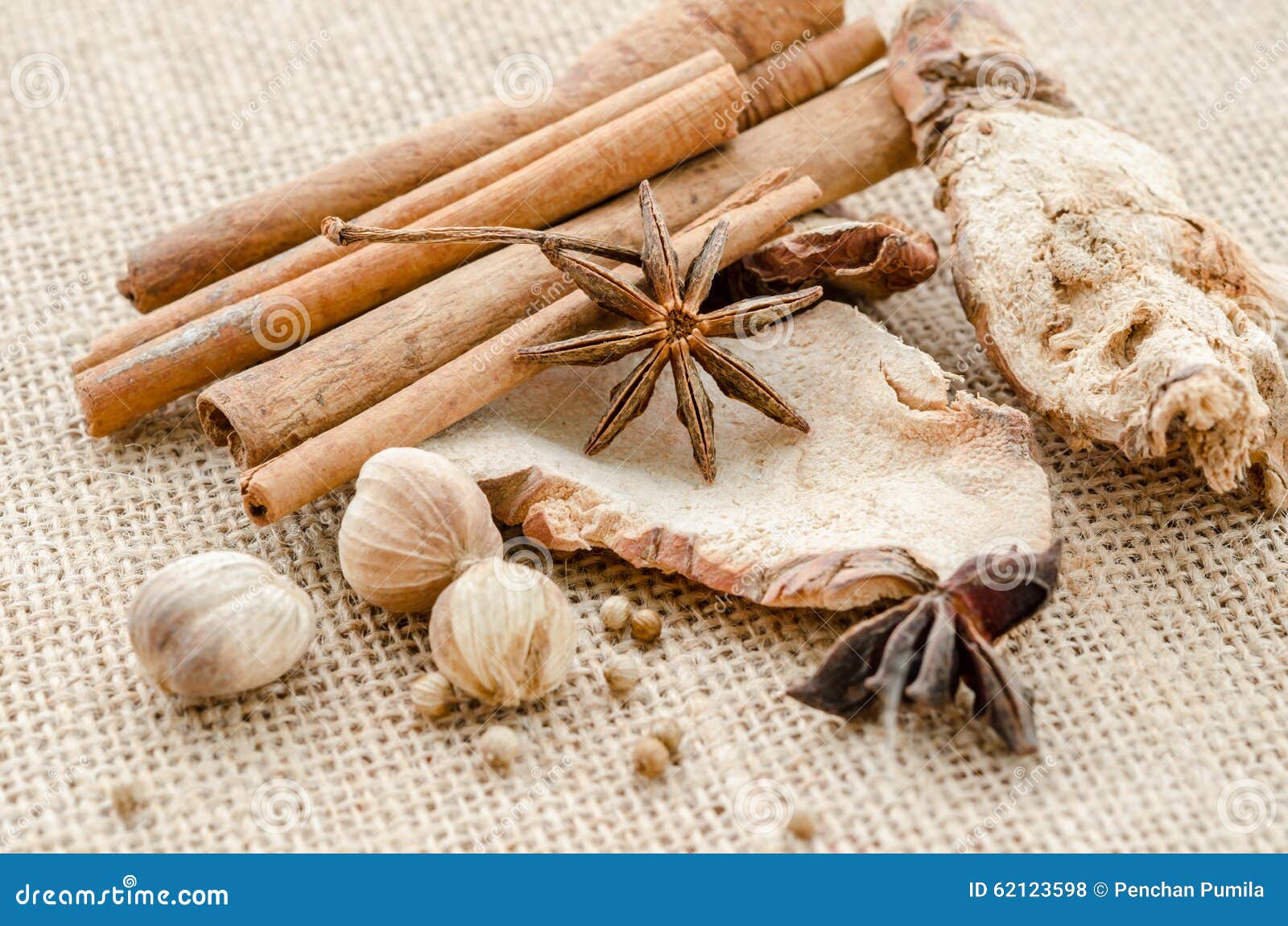 Anise, Cardamom, Nutmeg and Cinnamon Sticks. Stock Photo Image of