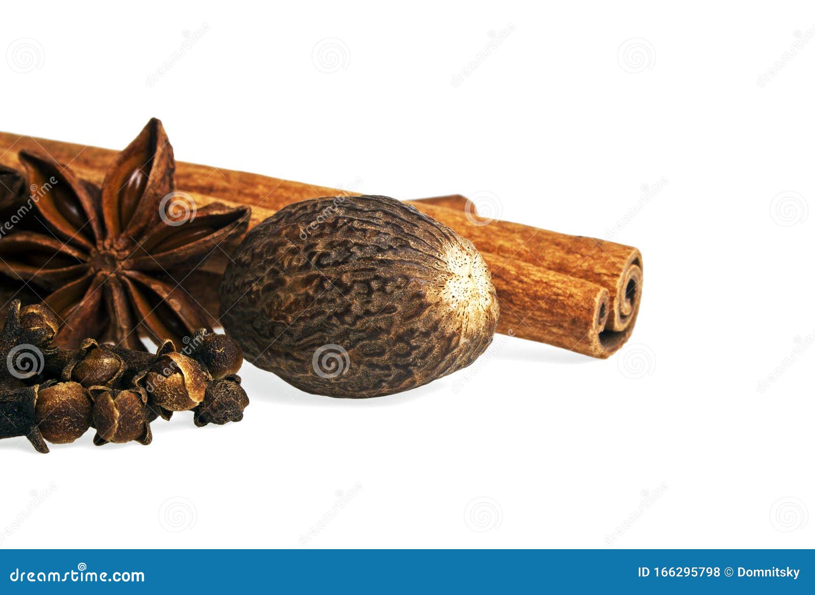 Anise, Cloves, Nutmeg and Cinnamon Sticks on a White Background. Stock