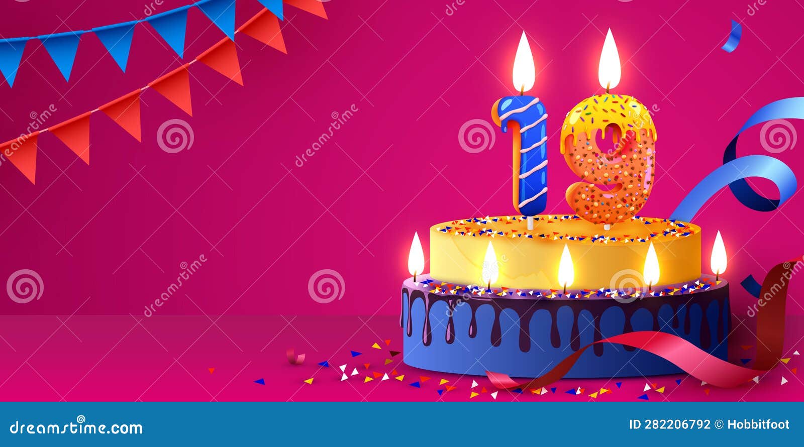 Aniversario De Los 19 Años. Pastel Con Velas Ardientes Y Confetti. Banner  De Cumpleaños. Ilustración del Vector - Ilustración de felicitaciones,  garganta: 282206792
