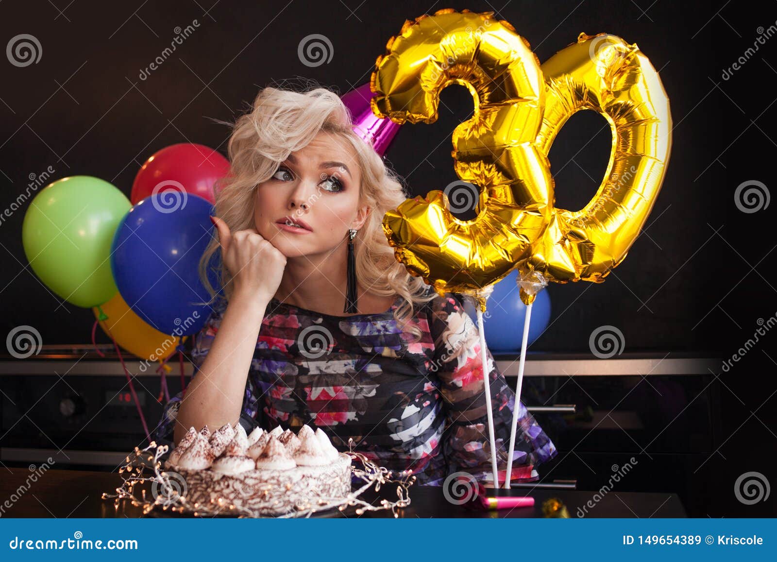 Anniversary Birthday Young Beautiful Blonde Sitting In Front Of A Birthday Cake And Sad Stock 