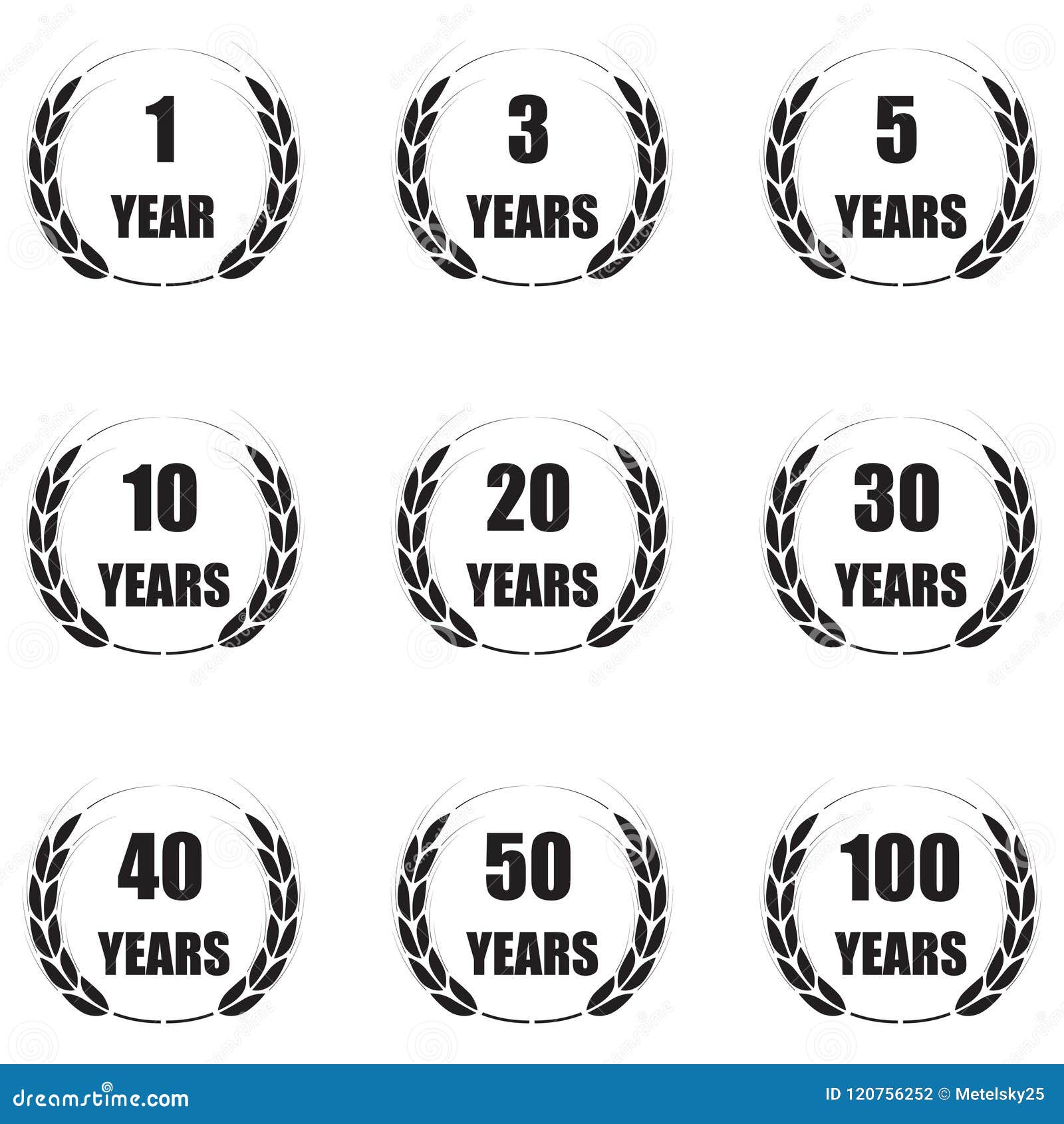 anniversary icon set  on white background. 1,3,5,10,20,30,40,50,100 years. template for congratulation desig