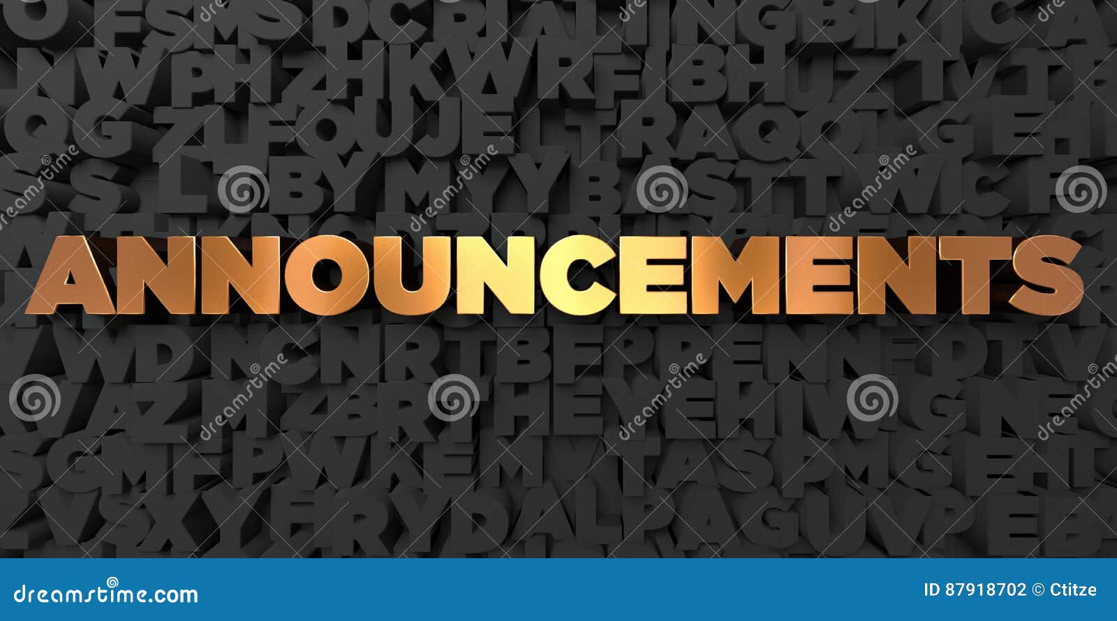 announcements - gold text on black background - 3d rendered royalty free stock picture