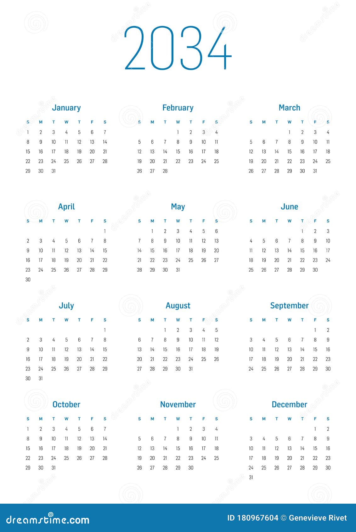Annual calendar for 2034 stock vector. Illustration of blue - 180967604
