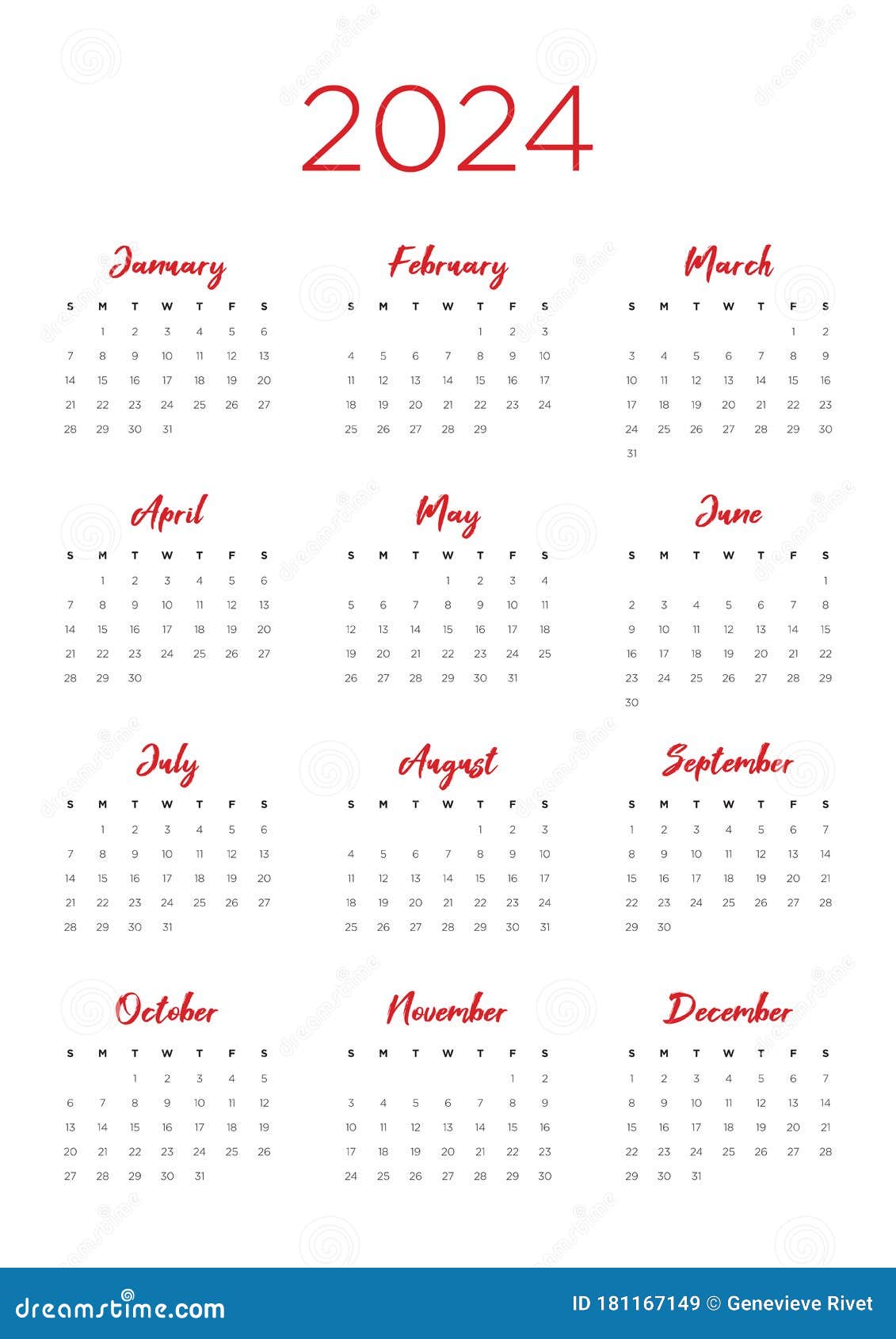 Calendar 2024 Template Vector Simple Minimal Design Planner 2024 Year