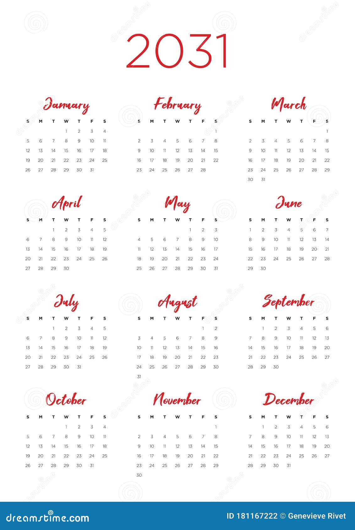 Annual Calendar For 2031 Stock Vector Illustration Of Vector 181167222