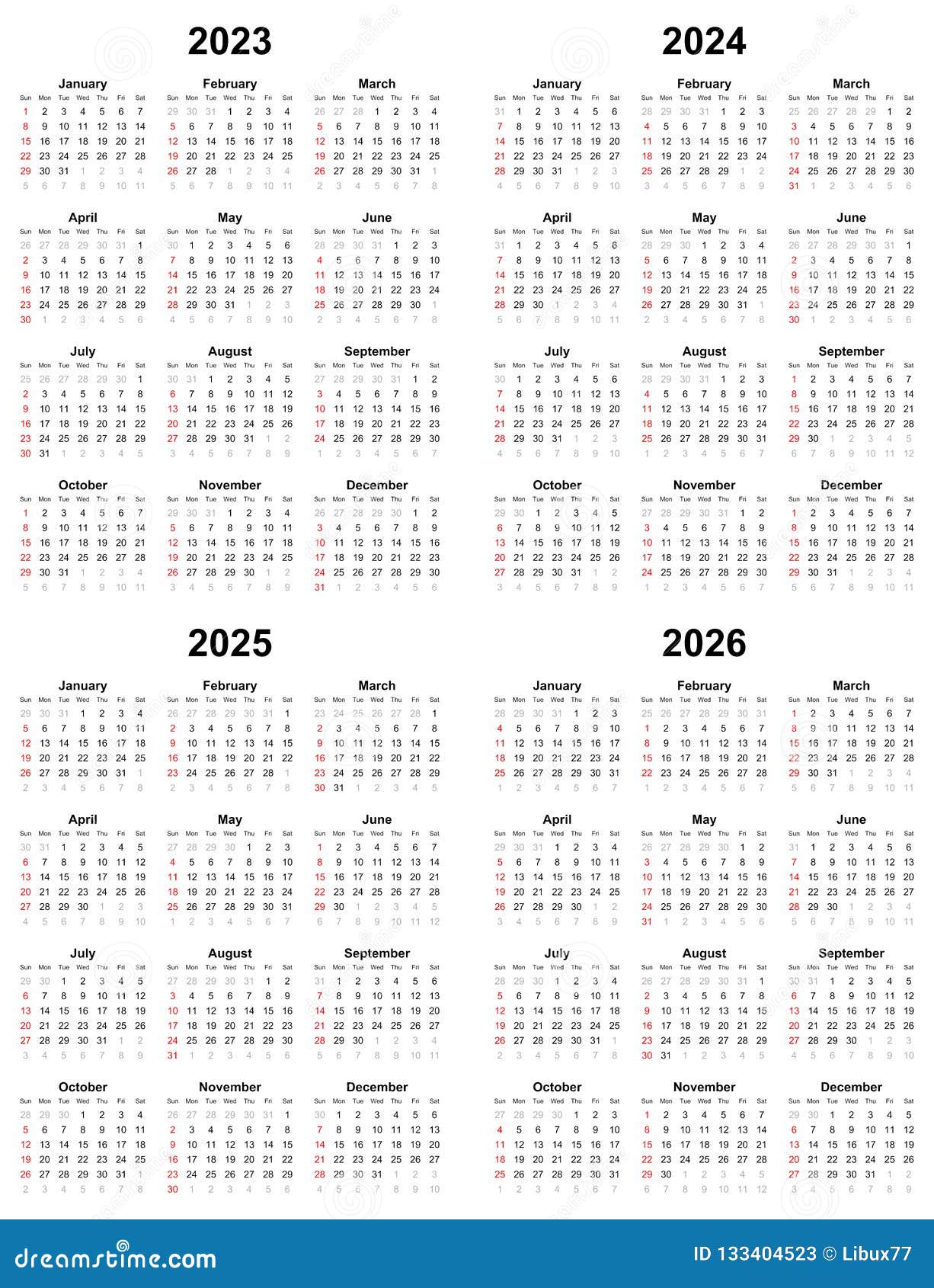 Annual Plain Calendar Sunday First Day 2023 2024 2025 2026 Stock Vector