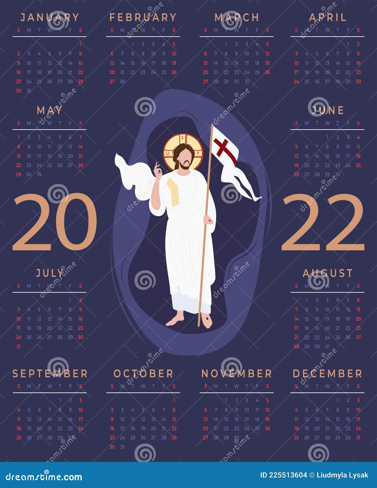 2022-annual-religious-calendar-with-jesus-christ-the-savior-resurrection-vector-illustration