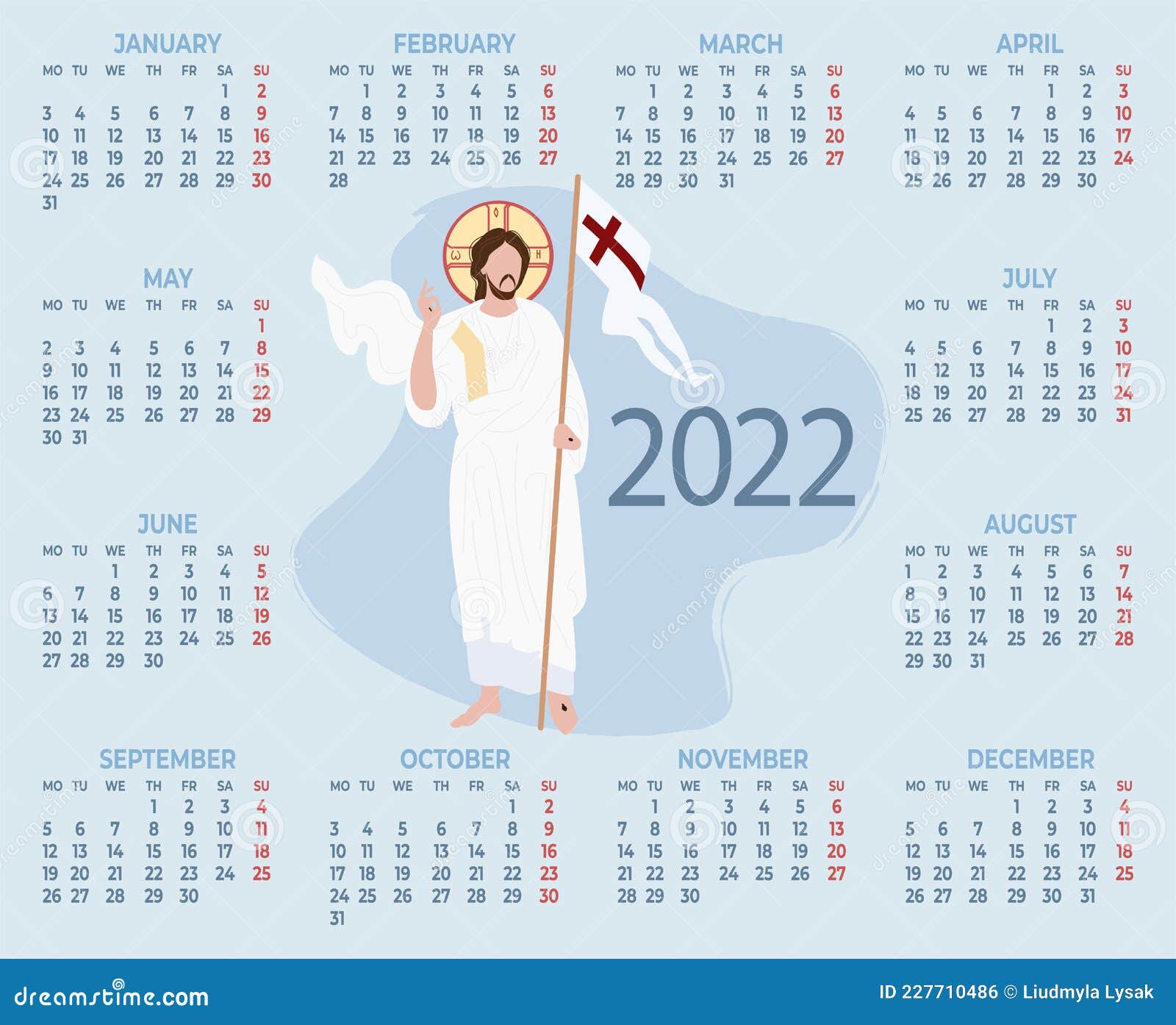 2022-annual-religious-calendar-with-jesus-christ-the-savior-on-a-blue-background-vector