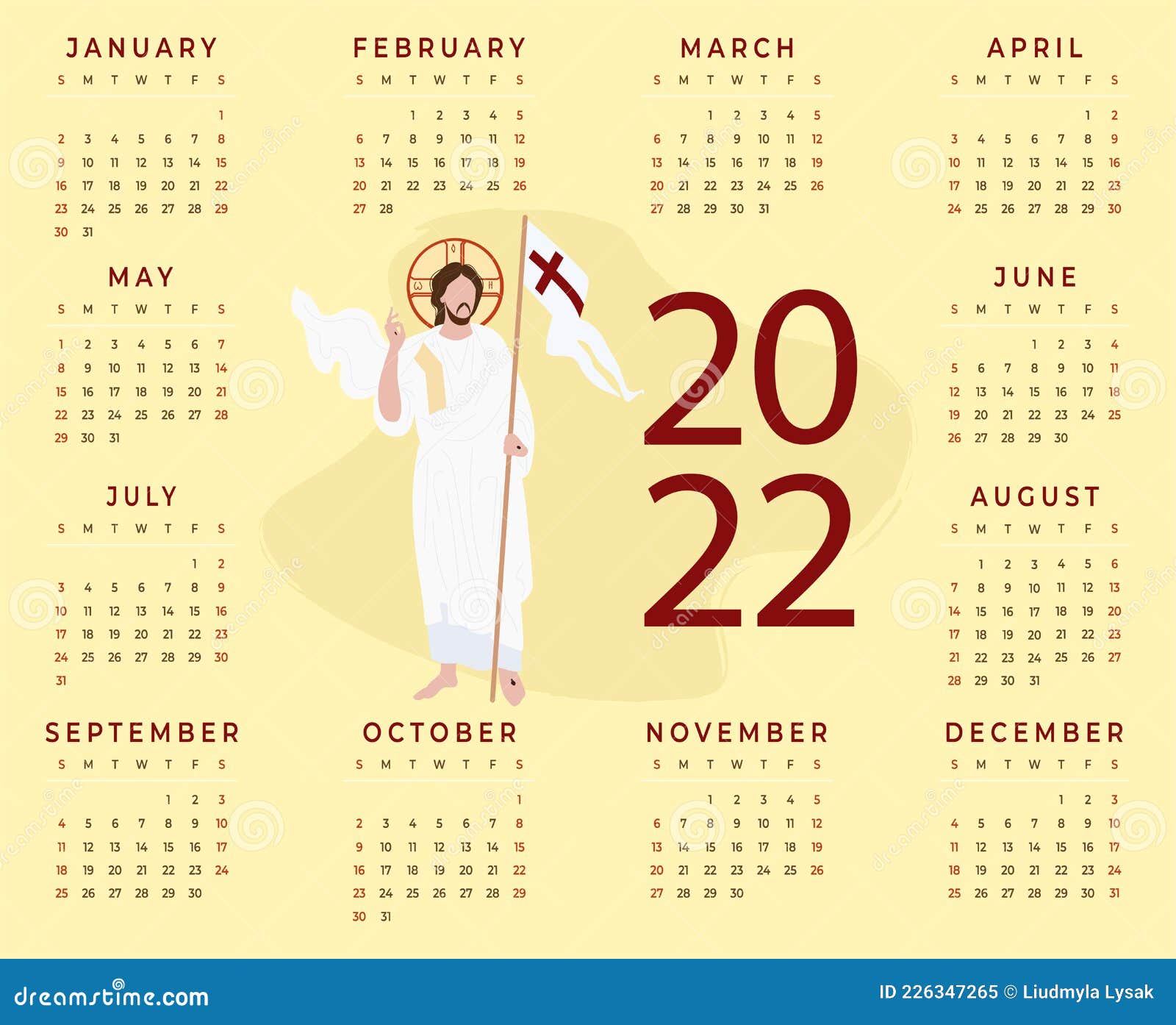 2022-annual-religious-calendar-with-jesus-christ-the-savior-on-a-yellow-background-vector