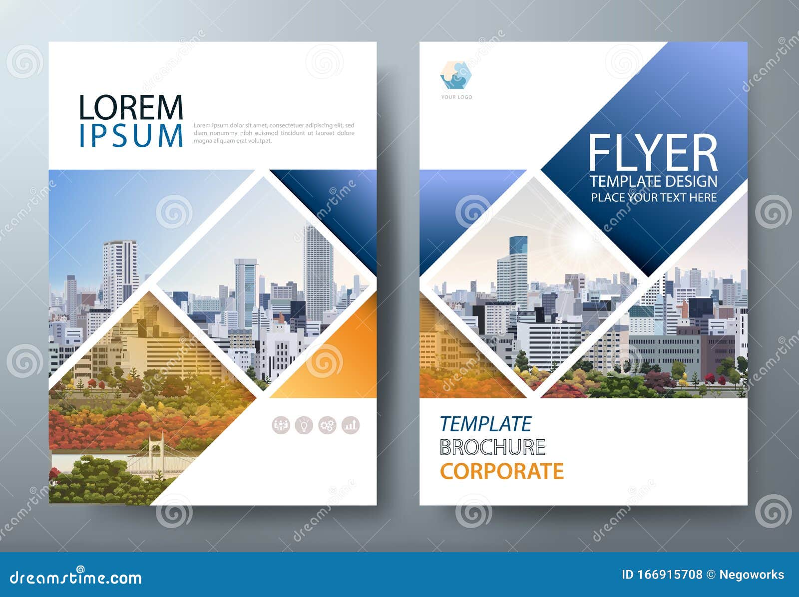 blue annual report brochure flyer  template, leaflet presentation, book cover, layout in a4 size. cityscape image. .