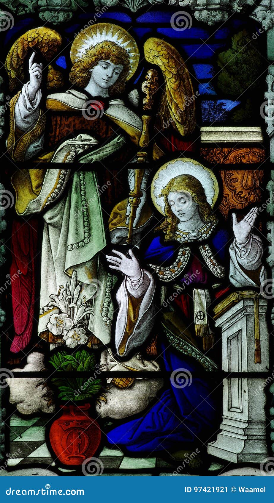 the annunciation in stained glass: mary and gabriel