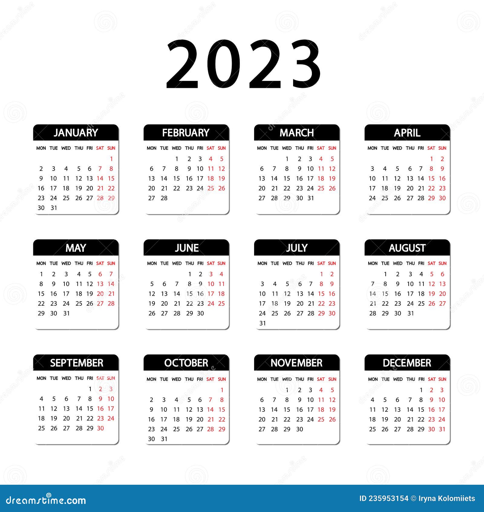 Calendário 2023 para o ano com meses semanas dias fins de semana e dias  úteis