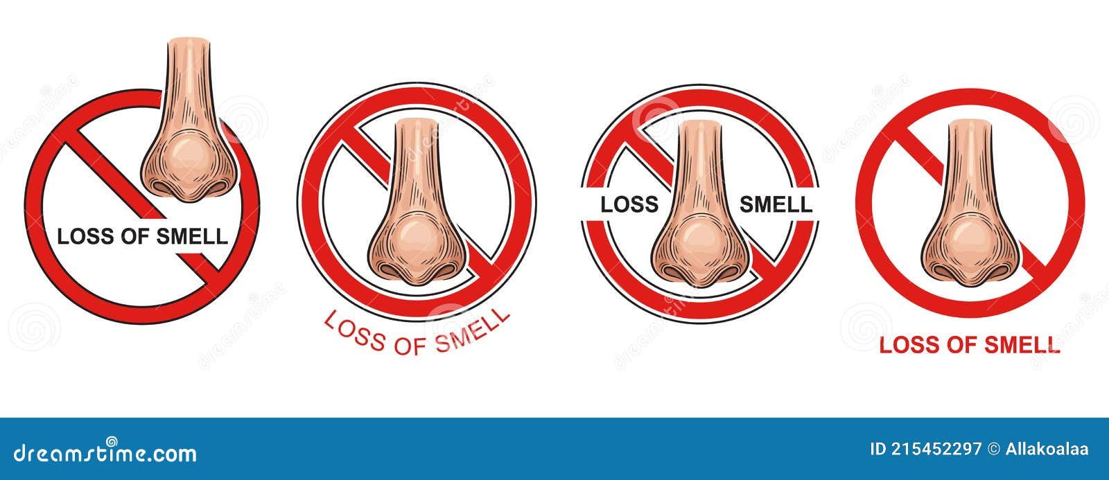 anosmia, loss ability to smell icon set. covid-19 infection disease symptom. nose organ of scent. warning sign. 