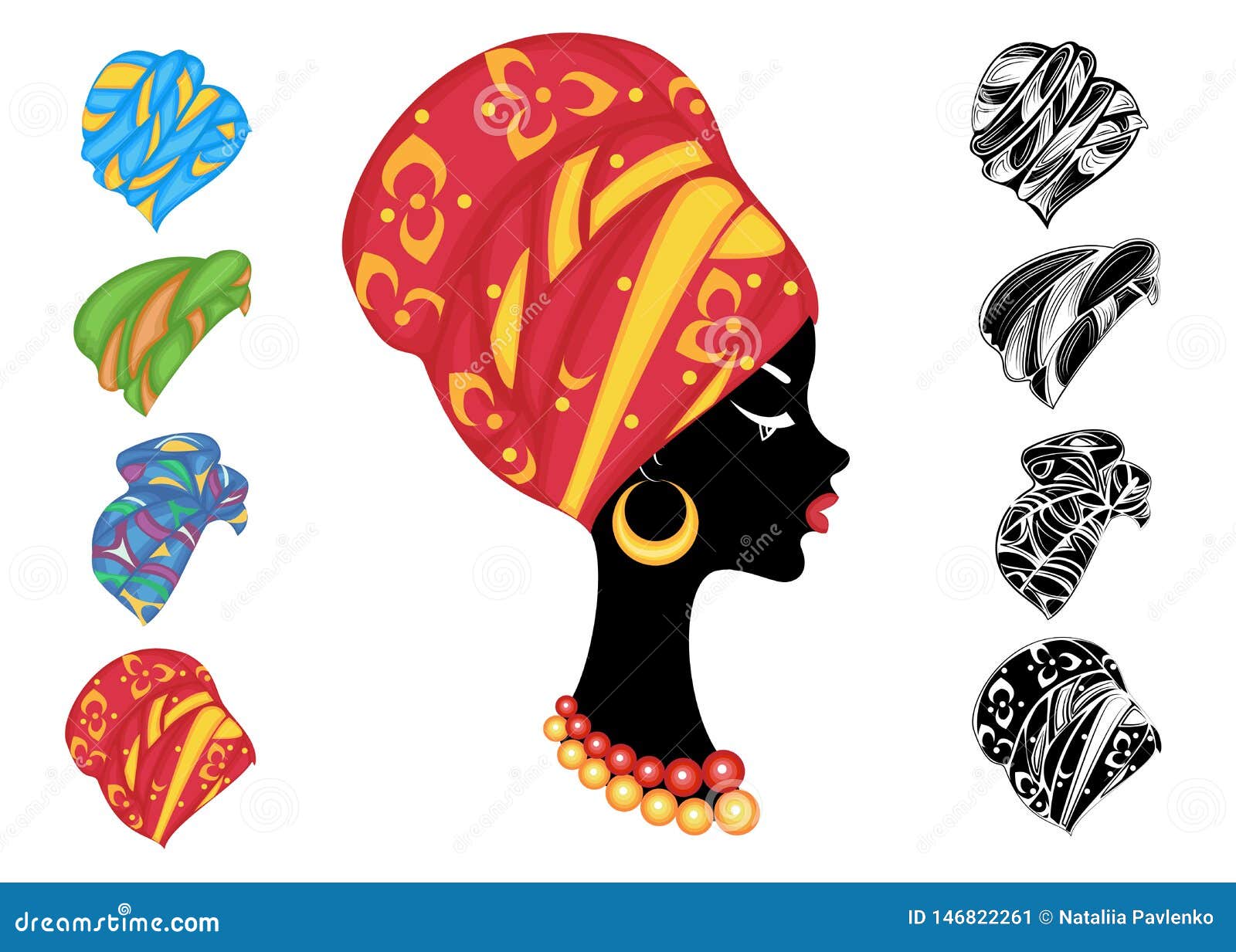 Collection. Silhouette of a head of a sweet lady. A bright shawl, a turban, tied to the head of an African-American girl. The woman is beautiful and stylish. Set of vector illustrations