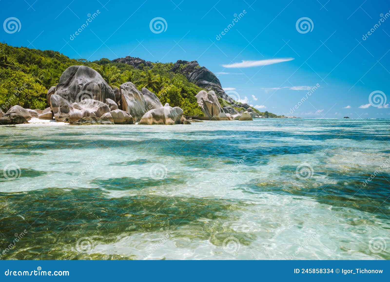 anse source d'argent - paradise like tropical beach. shallow lagoon in low tide time, granite boulders and palm