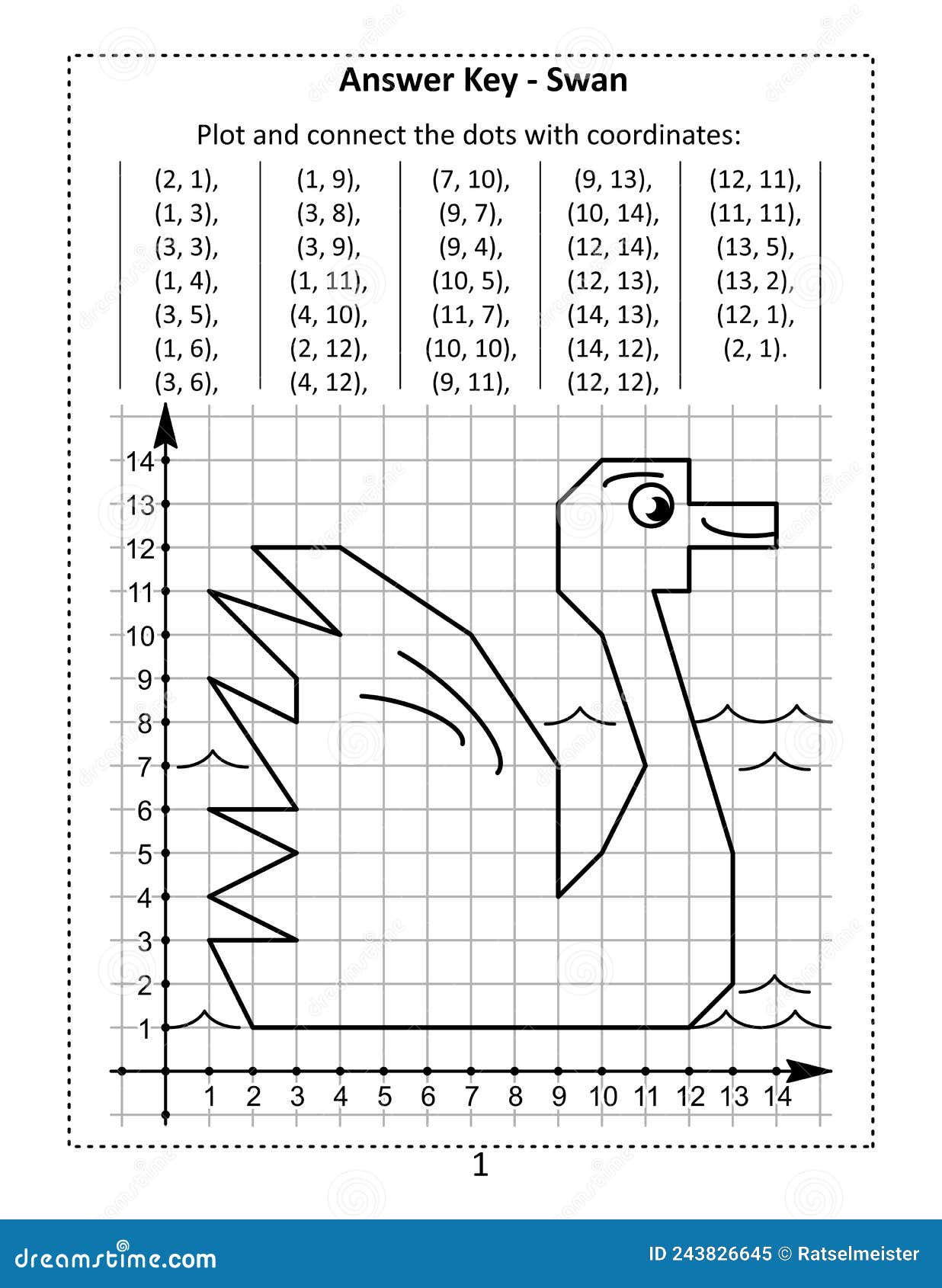 this is answer key page for coordinate graphing, or drawing by coordinates, math worksheet with swan