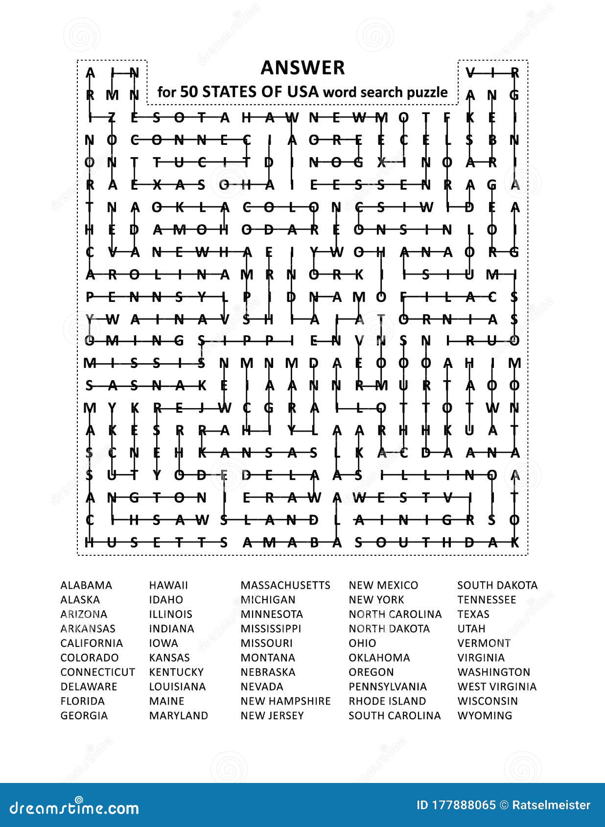 Answer For 50 States Of USA Word Search Puzzle Stock ...