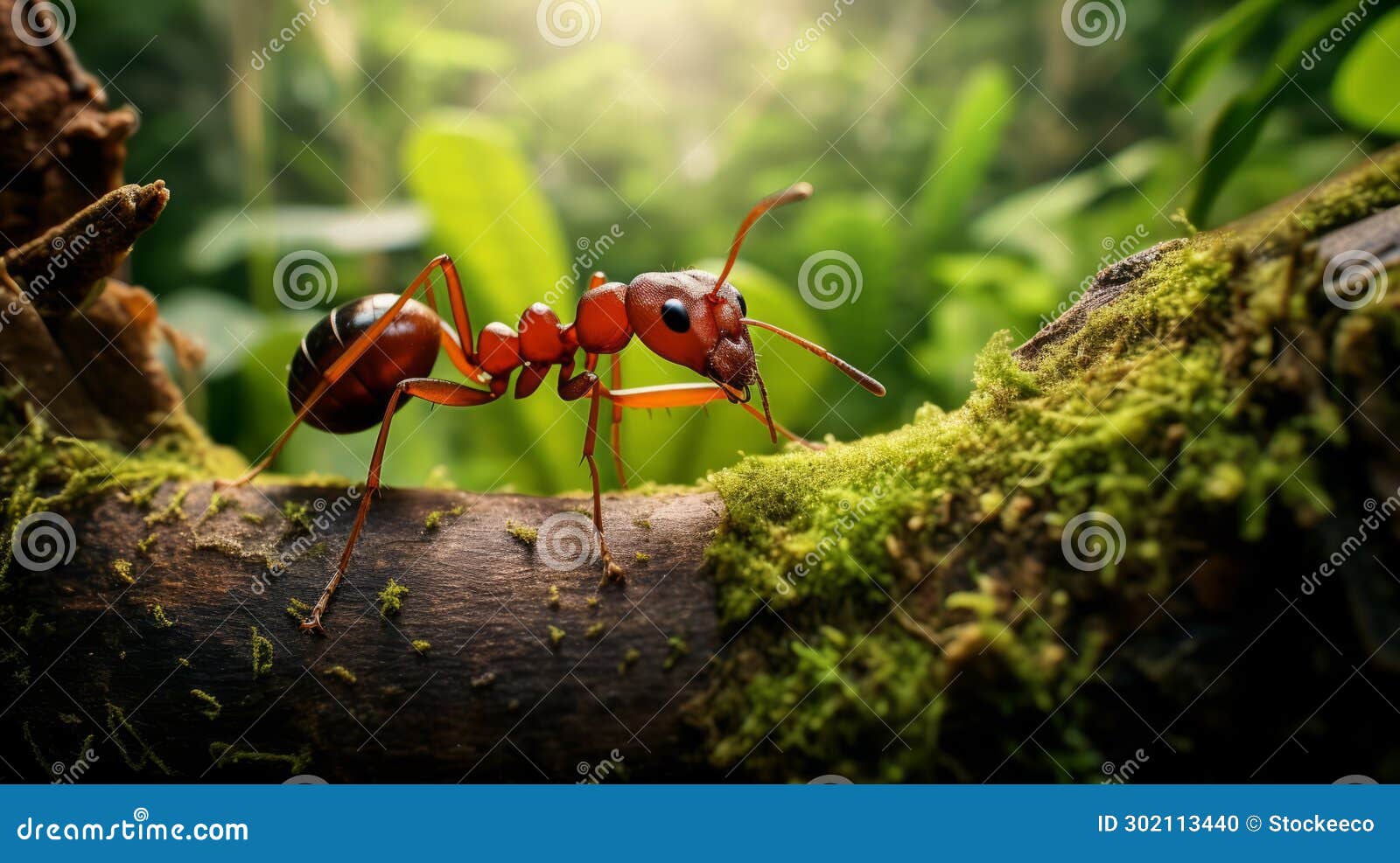 vibrant realistic portrayal of a red ant on a mossy log