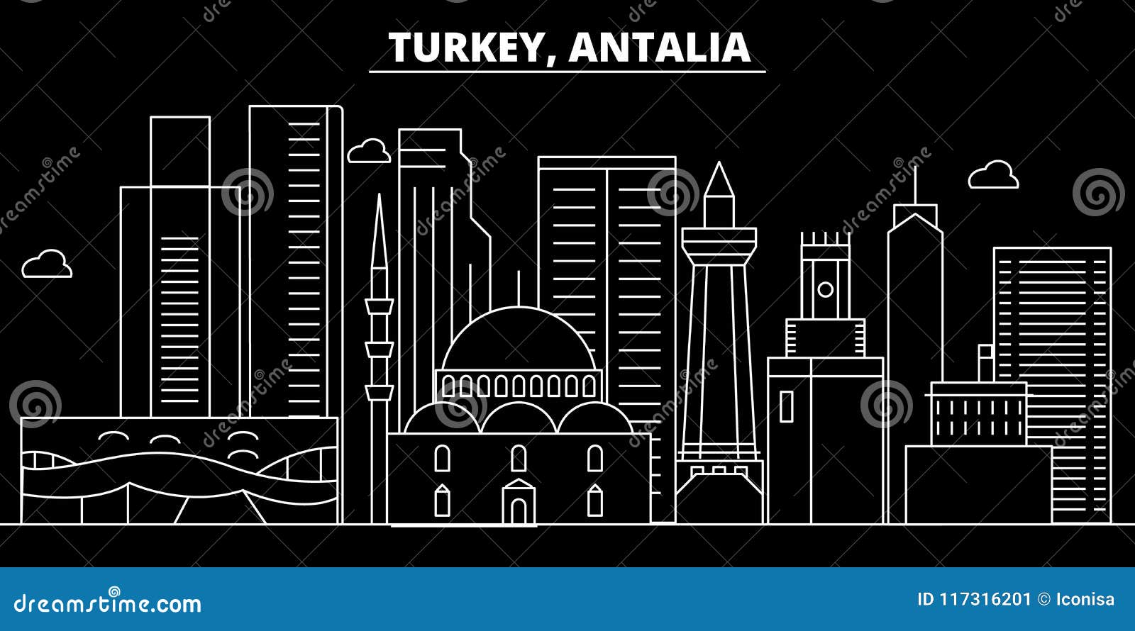 antalia silhouette skyline. turkey - antalia  city, turkish linear architecture, buildings. antalia travel