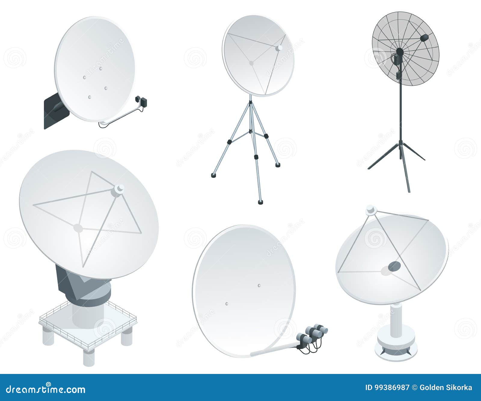 Antenne paraboliche satelliti dell'insieme isometrico su bianco Attrezzature di comunicazione senza fili Illustrazione piana di vettore Può essere usato per la disposizione di flusso di lavoro, il gioco, il diagramma, le opzioni di numero, il web design e il infographics