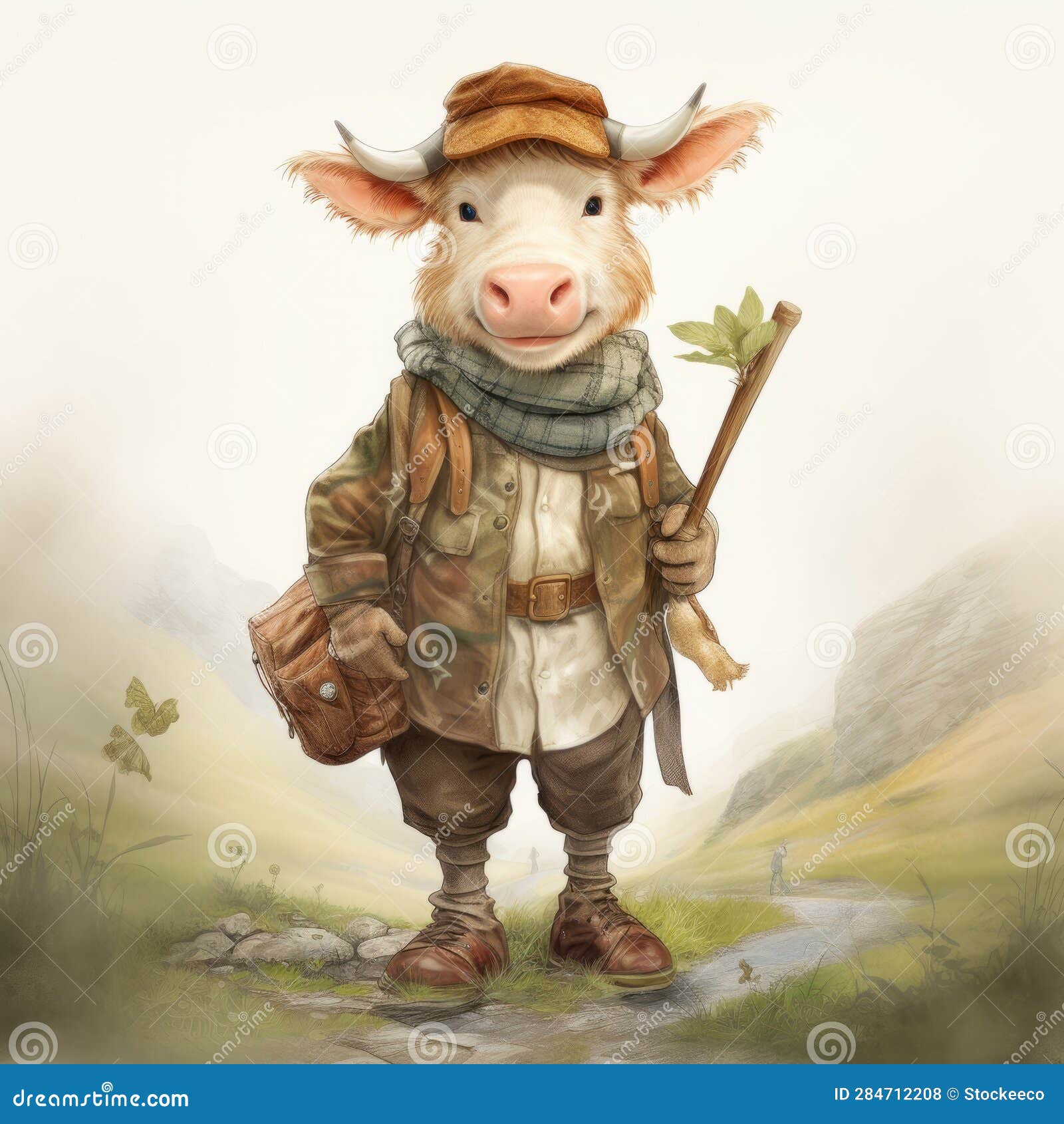 anthropomorphic cow adventurer: digital painting inspired by beatrix potter