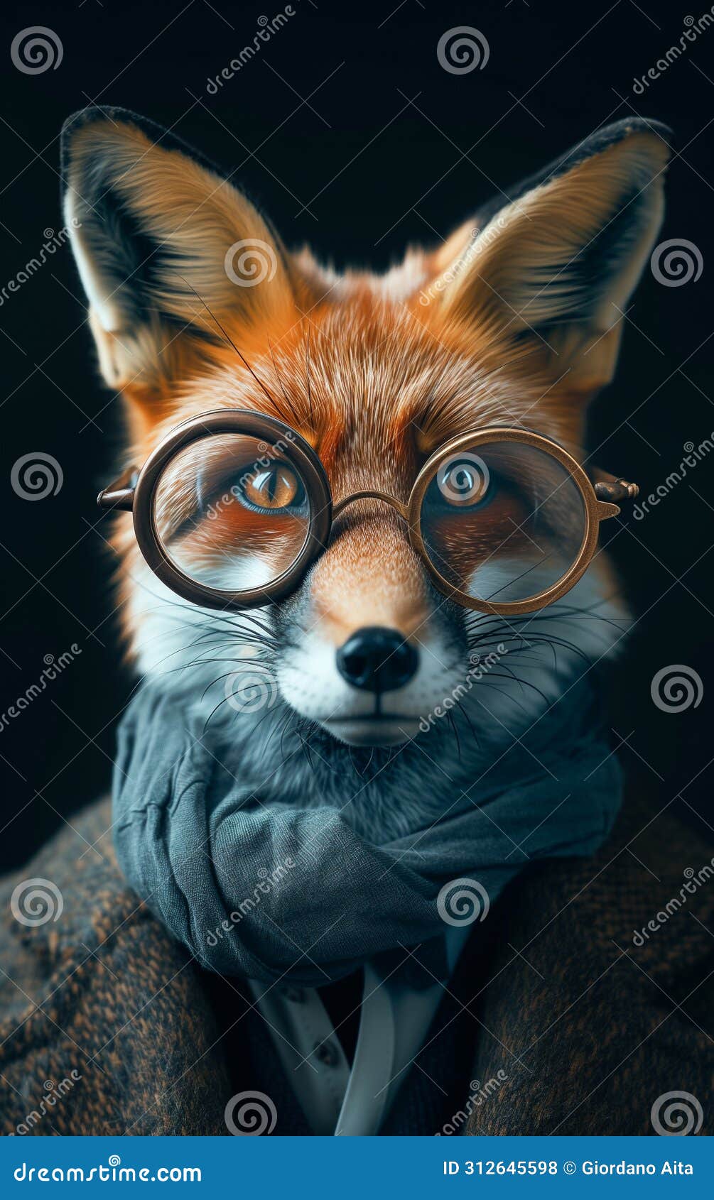 an anthropomorphic red fox with a eyeglasses has an astute and inquiring look