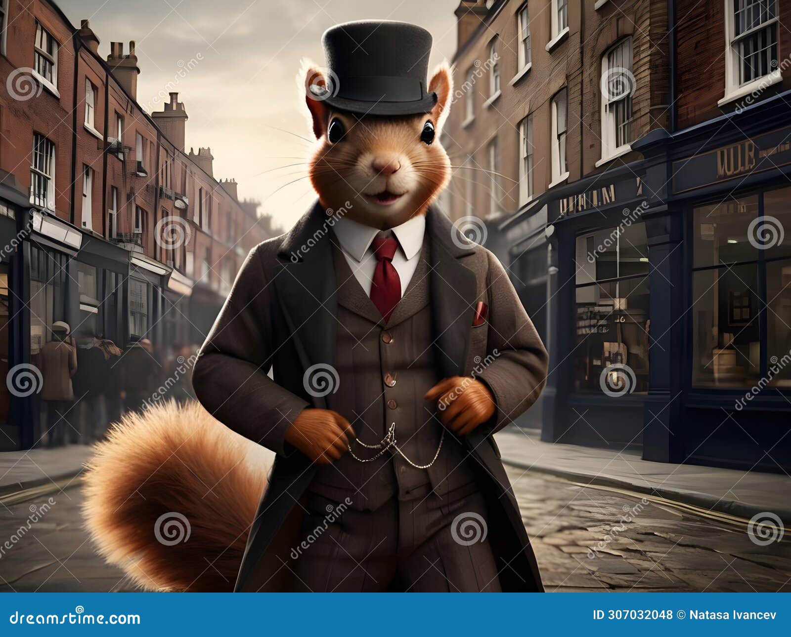 anthropomorphic red squirrel - the look is a interpretation of a typical 1920s in london streets