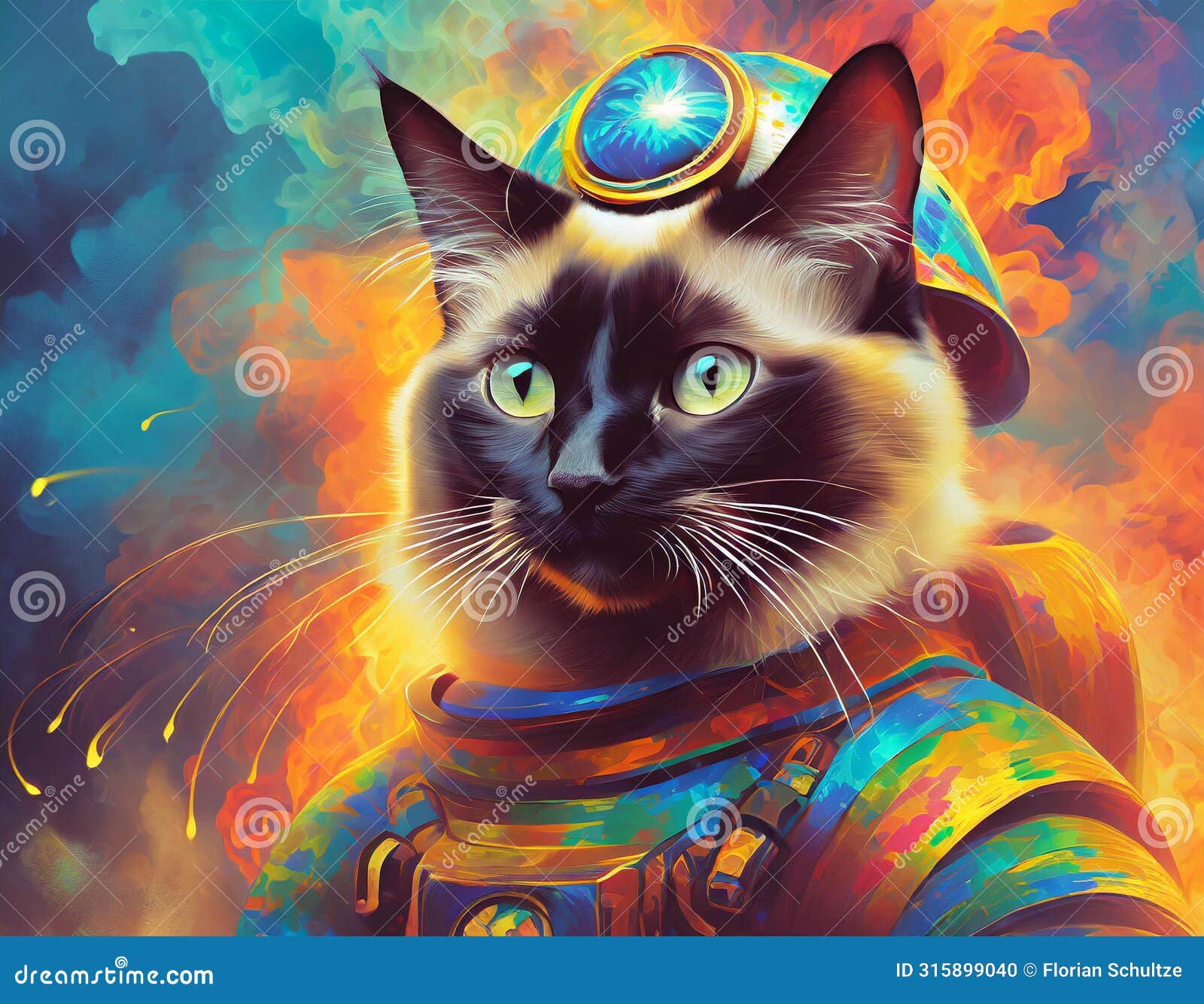 anthropomorphic siamese cat, kitty cartoon solider, background is fire, smoke and explosion, animal portrait, wall art  for