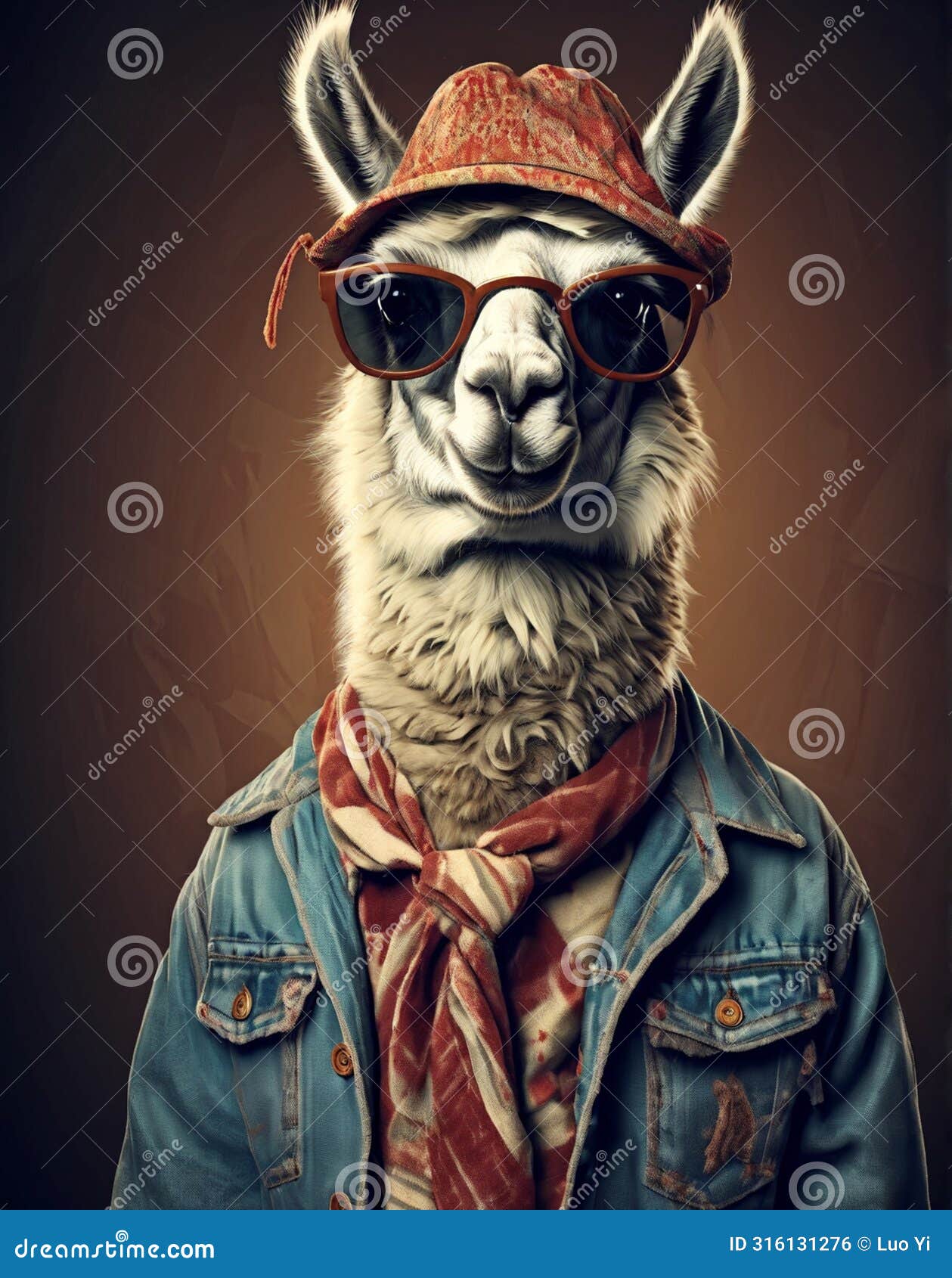 portrait of a stylish llama: anthropomorphized depiction with a casual ensemble