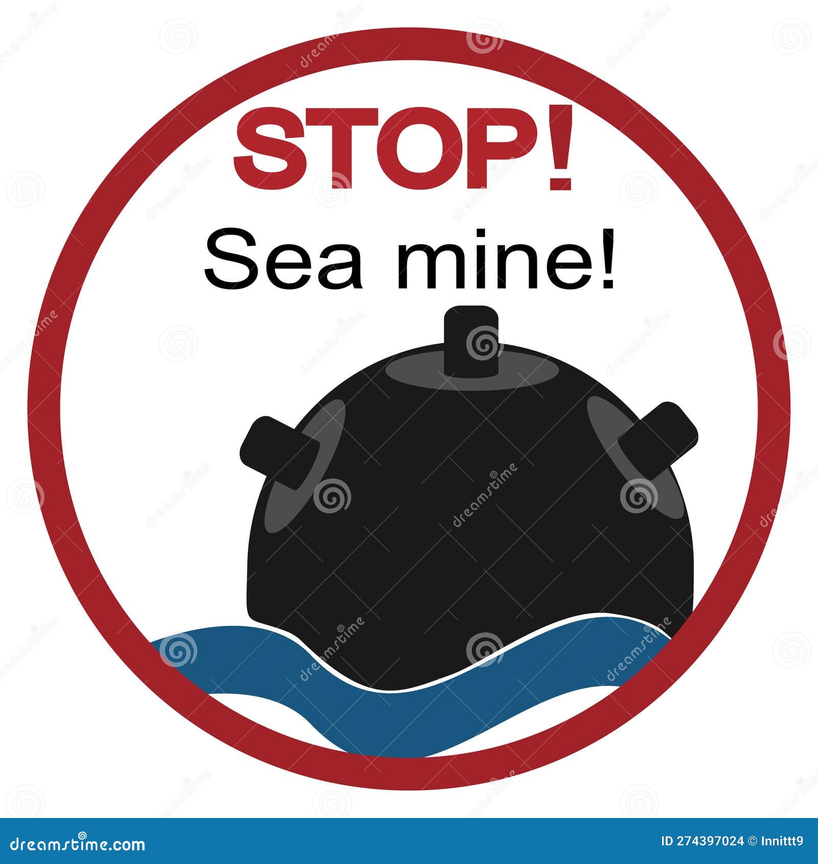 Antiship Mine in the Sea. Danger Sign. War Stock Illustration