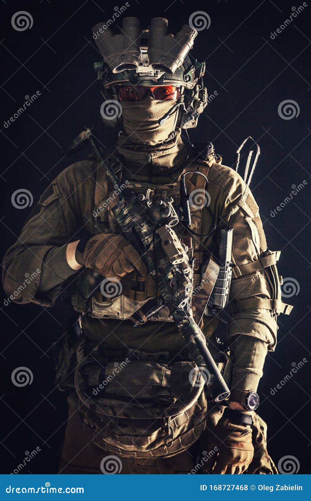 Anti-terrorist Squad Equipped Fighter Soldier in Darkness Stock Photo