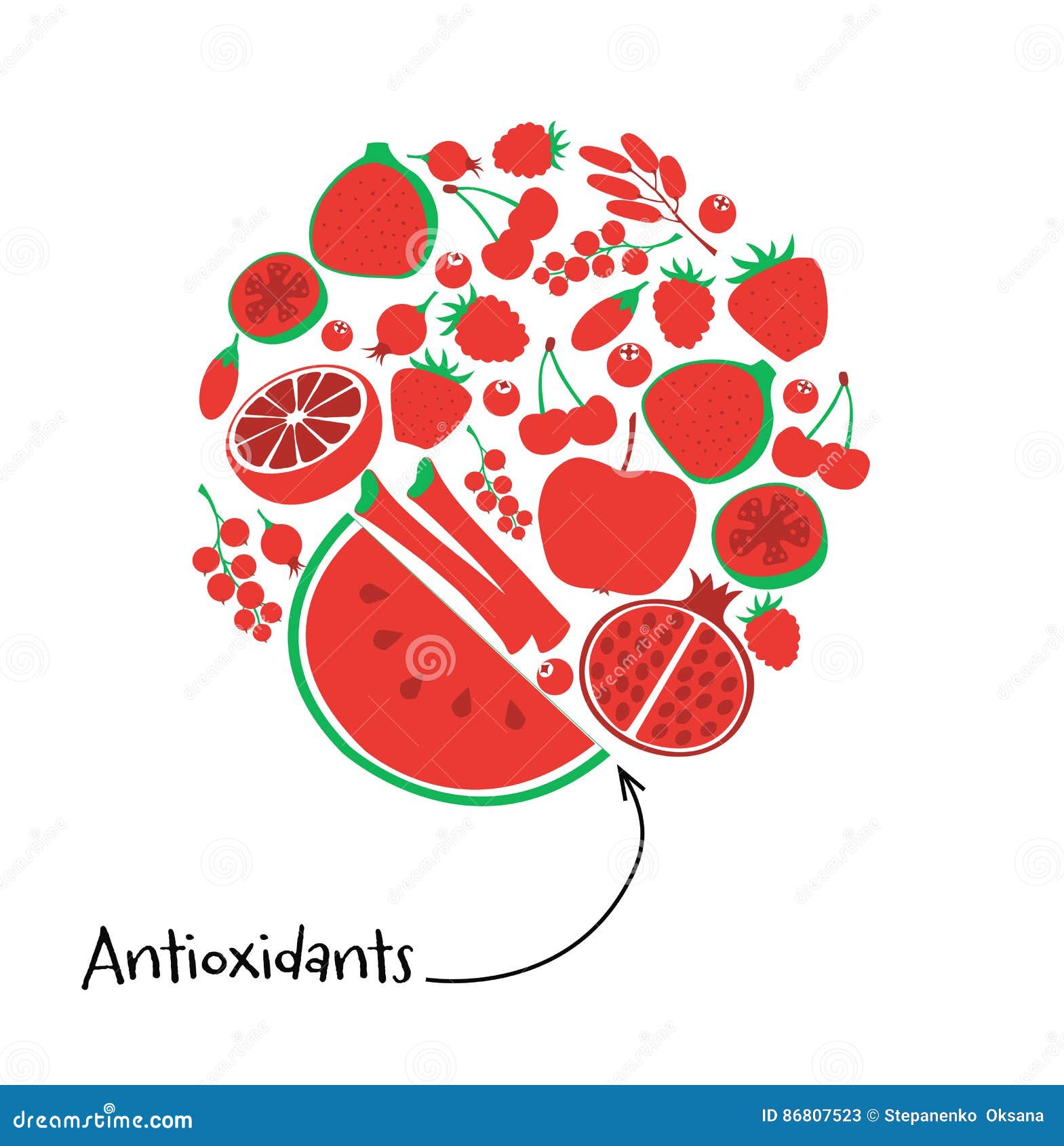 antioxidant red fruit and berry icon set. round  vegetarian fresh healthy dessert. vegan food diet pomegranate
