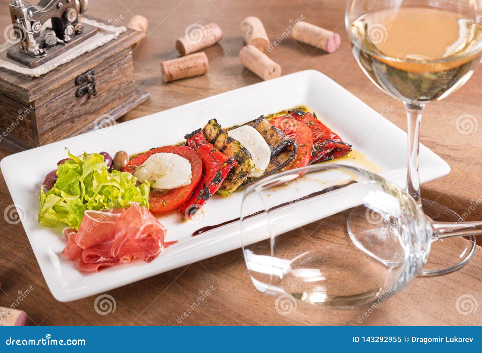 Antipasti with White Wine Served in a White Plate Stock Image Image