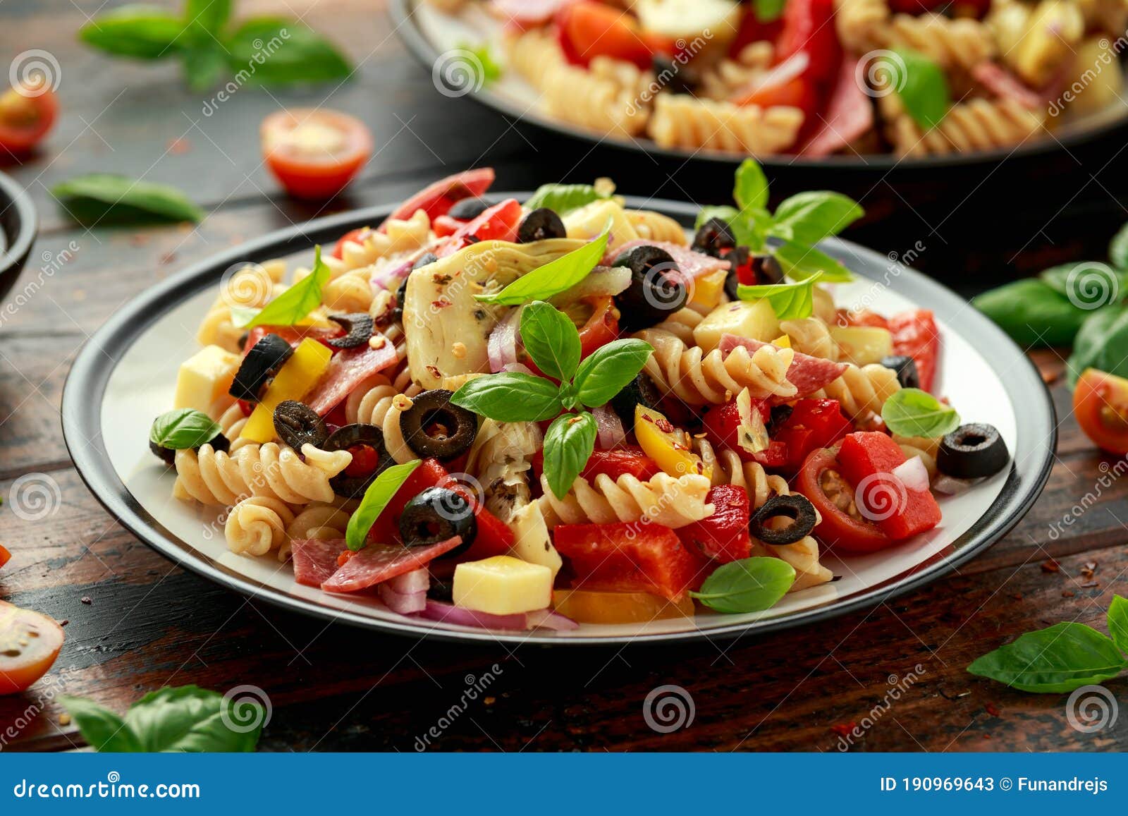 Antipasto Salad with Pasta, Tomato, Olives, Red Onion, Bell Pepper