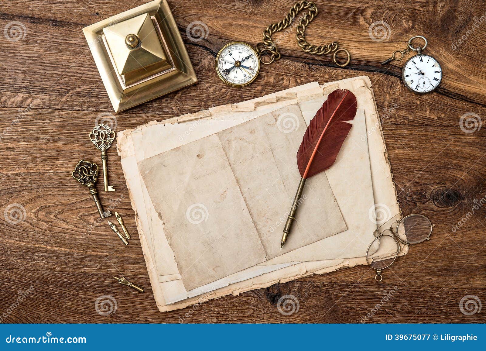 Antique Accessories And Office Supplies On Wooden Table ...