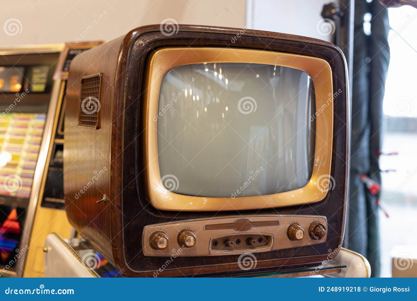 Antique Black and White TV Set with Cathode Ray Tube Stock Photo