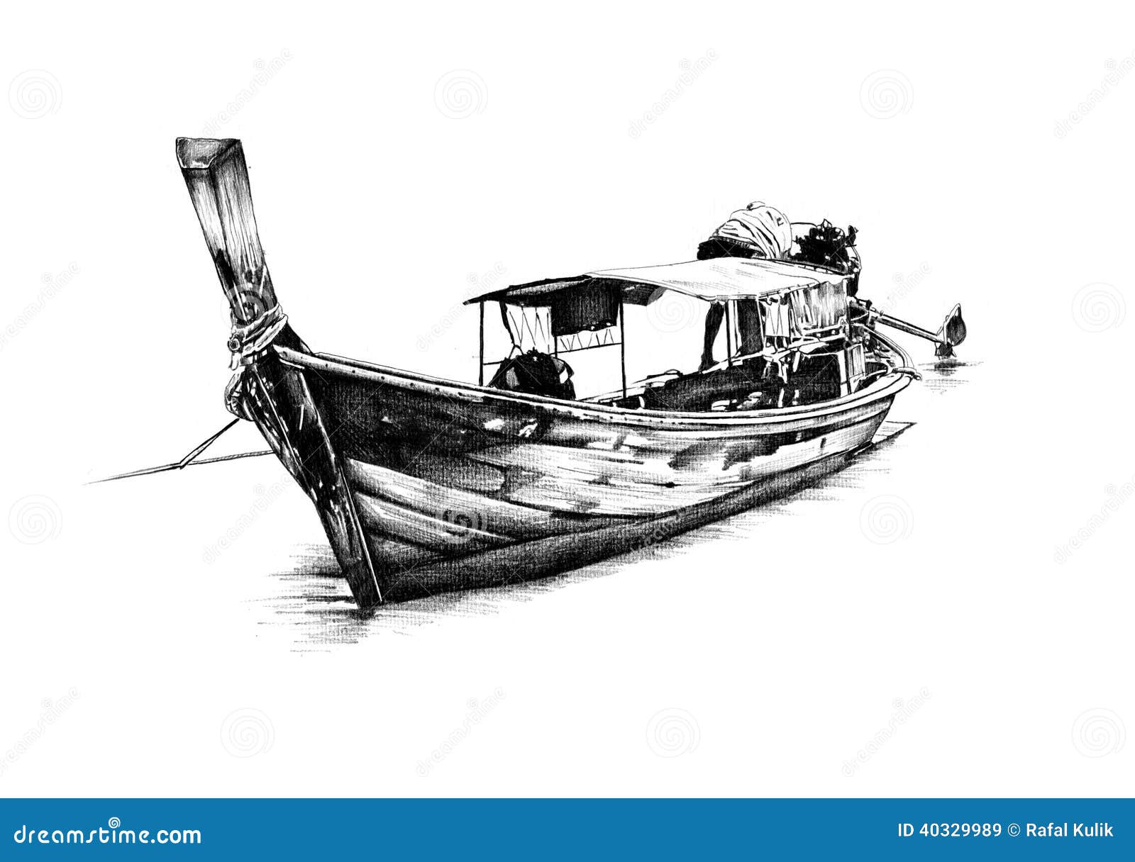 Antique Boat Sea Motive Drawing Handmade Stock 