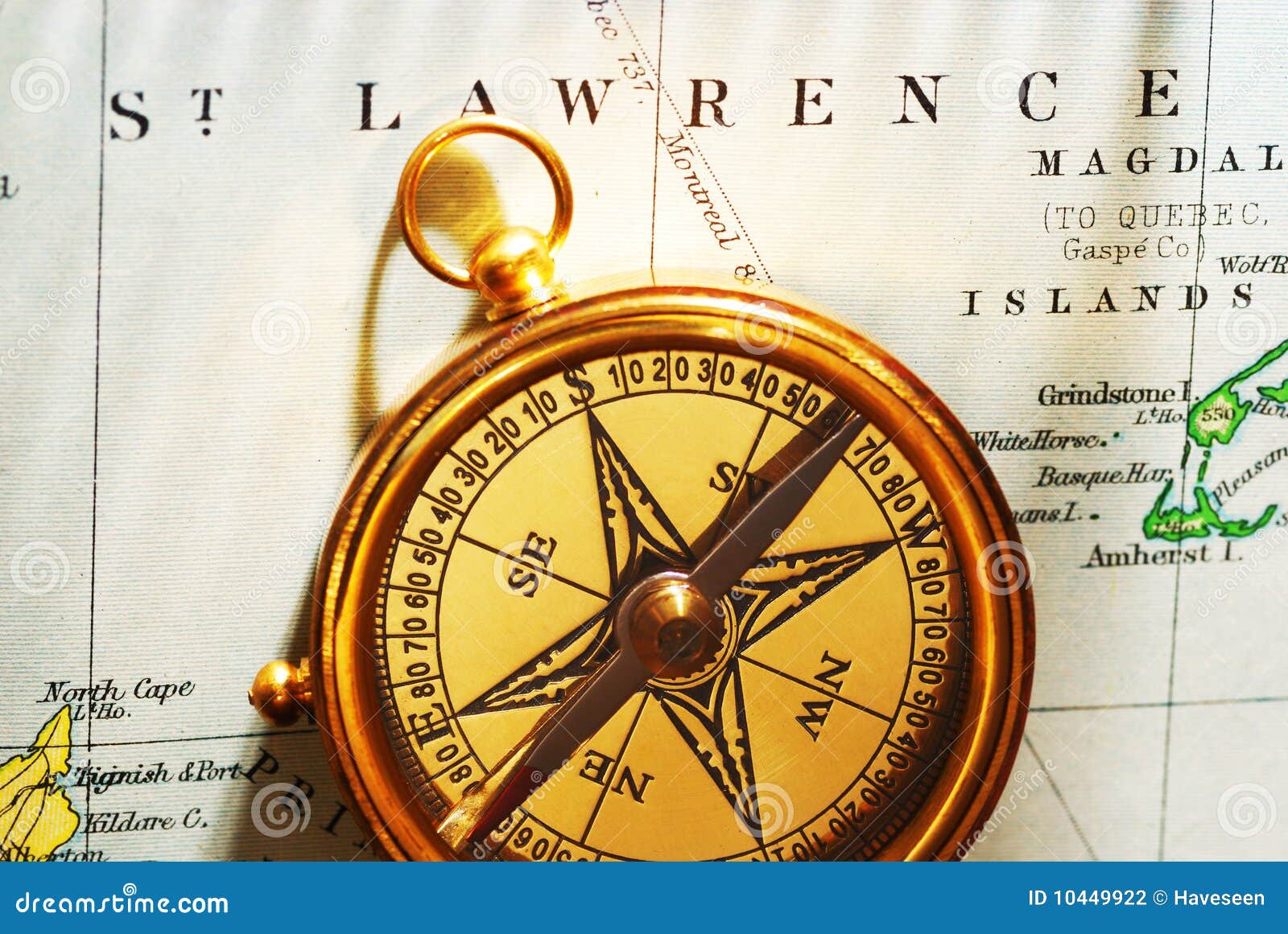 Antique Brass Compass Over Old Canadian Map Stock Photo Image of