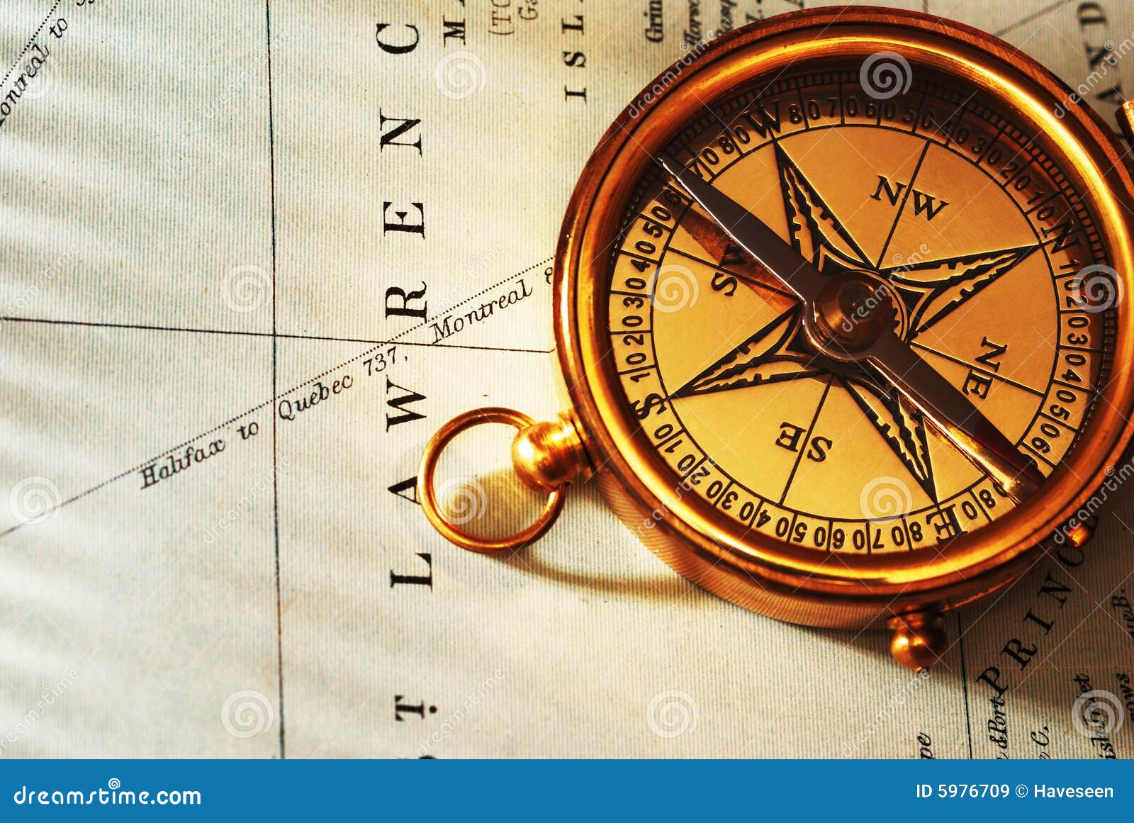 Antique Brass Compass Over Old Canadian Map Stock Image Image of