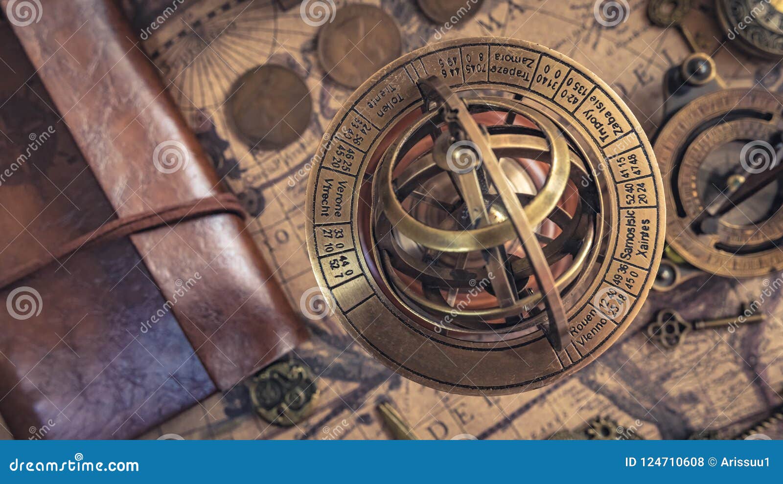 Antique Brass Nautical Sundial Compass Stock Photo - Image of longitude,  grunge: 124710608